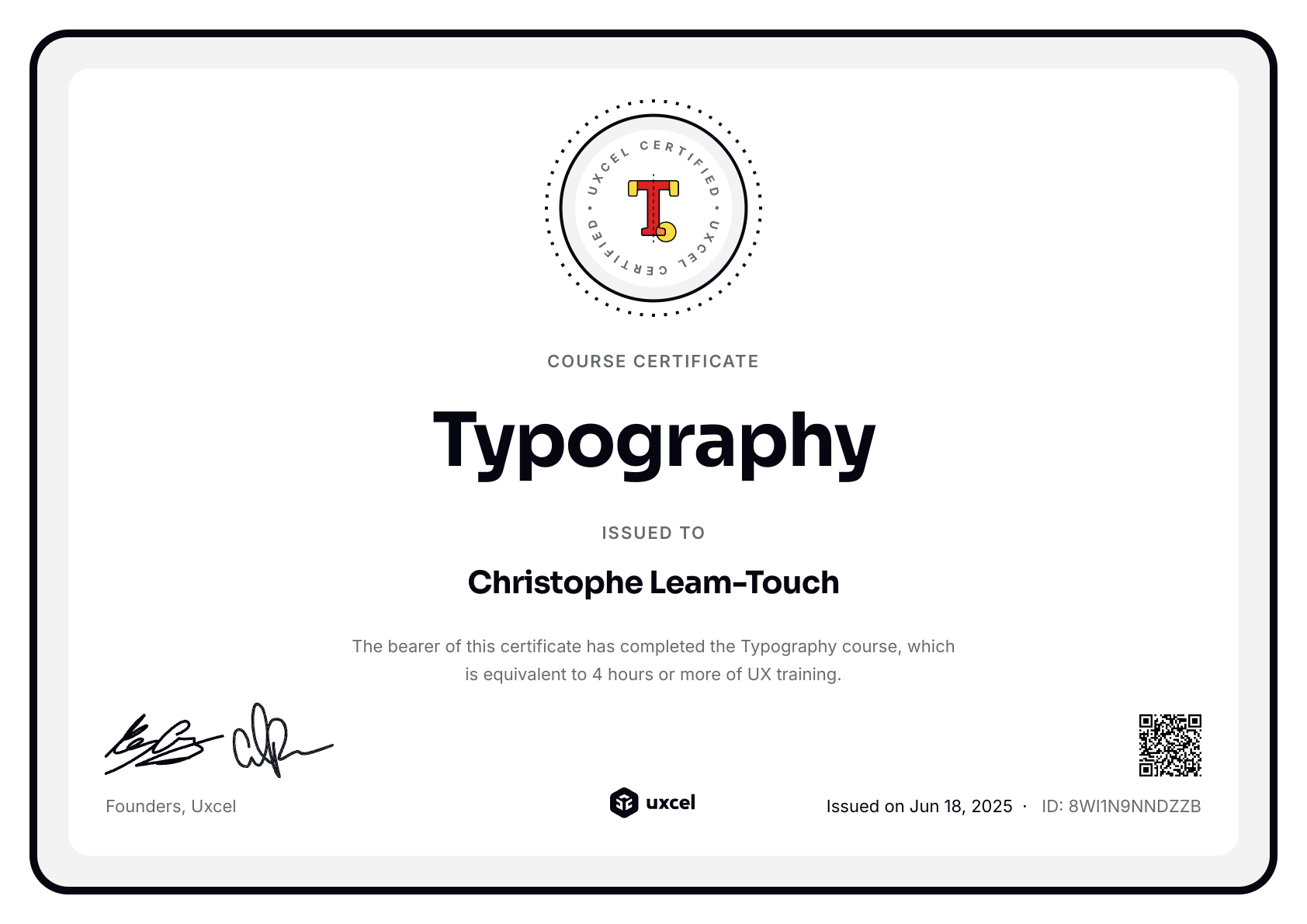 Christophe Leam-Touch's certificate